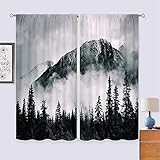 Cinbloo Men Mountains Curtains Rod Pocket Misty Forest Bedroom Decor Grey Black Tree Woodland Scenic