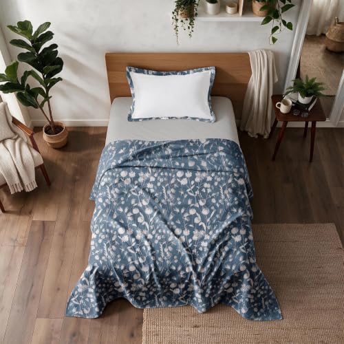 Image of Linen Home Cotton Percale Flat Bedsheet Set Single Size Blossomy Blue
