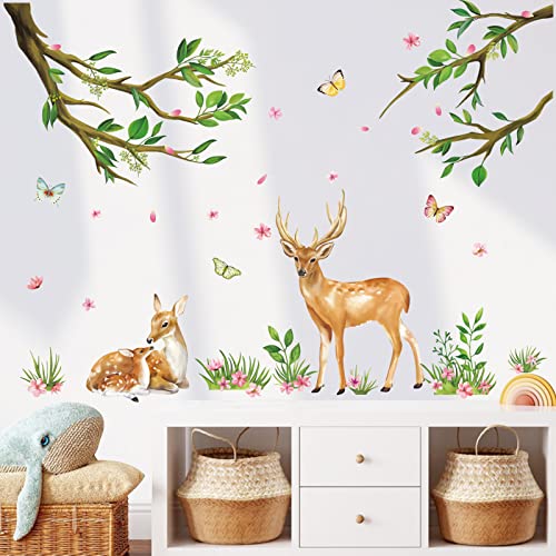 wondever Stickers Muraux Animaux Forêt Autocollants Muraux Mural Stickers Cerf Arbres Fleuris pour Chambre Enfants Bébé Pépinière Salon Cover