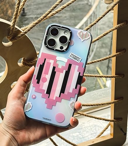 Image of Color-Changing Pixel Heartbeat Phone Case for iPhone 16 Pro Compatible with Wireless Charging | Thermo Reactive Heat Touch Design | Slim Shockproof Back Cover | Pink Edition