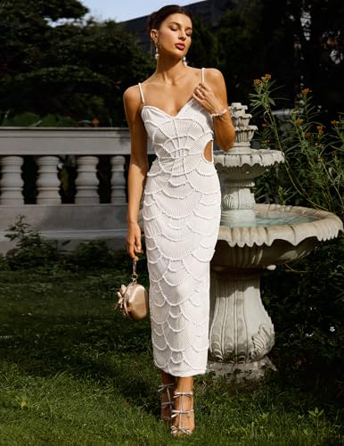 BELLA BARNETT Pearl Spaghetti Strap Garden Party Cutout Sequin Cocktail Elegant Dress3