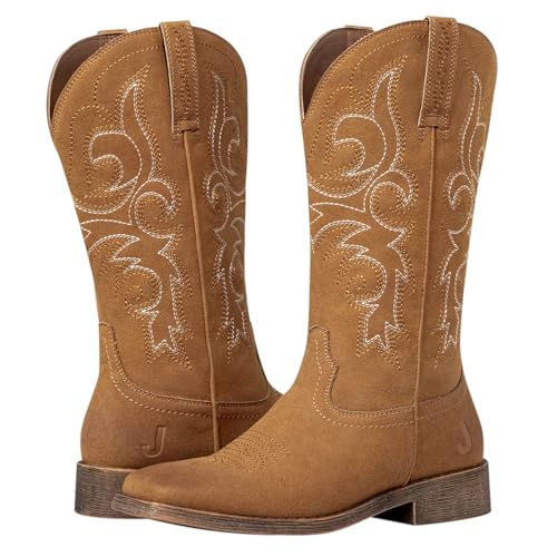 Image of J's.o.l.e Womens Square Toe Cowgirl Cowboy Boots Mid Calf with Chunky Heel Retro Embroidery Western Boots