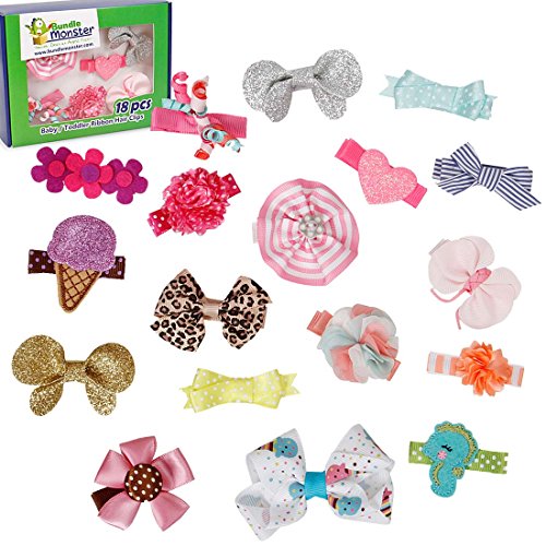Bundle Monster 18pc Ribbon Bow Flower Mixed Design Baby Girl Toddler Hair Clip