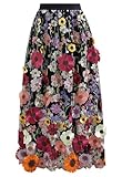 CHICWISH Women 3D Floral Applique Embroidery Maxi Skirt Elastic High Waist A-Line Garden Party Mesh Tulle Skirt Black