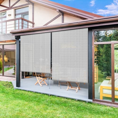 ECOOPTS Outdoor Roller Blind, Roll Up Shade, Sun Shade for Patio Porch Back Yard Gazebo Deck Balcony (6'W x 6'L, Light Grey)