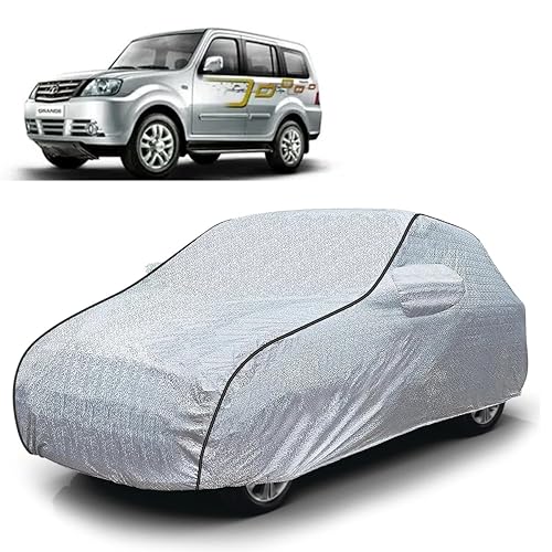 Image of Sulfar 100% Waterproof Car Body Cover Compatible with Mirror for Tata Sumo Grande MK II (Triple Stitched, Full Bottom Elastic, Magic Silver with Black Piping)