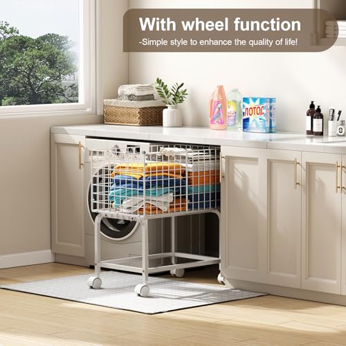 Image of Wire Laundry Hamper Cart,80L Laundry Hamper Trolley with Pull Handle,White High Laundry Basket Cart for Laundry Room,Bathroom,Bedroom-White（23.6 * 15.75 * 28inch）