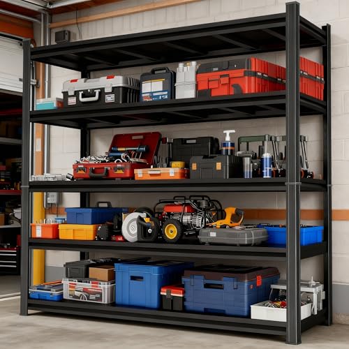 Image of Garage Shelving Unit, Heavy Duty Metal Adjustable Storage, Steel Shelves, Industrial Shelves for Heavy Tools and Equipment, Ideal for Garage, Basement, Black (5-Tier, 77.4 inch H x 47.2 inch W x 18 inch D)
