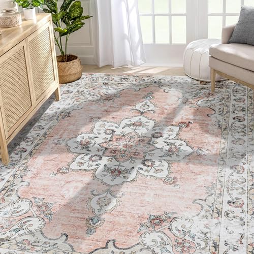 Mcadore Machine Washable Area Rug, 7' x 5' (Rectangular), Pink/Floral-Print Design, Living Room, Bedroom, Kitchen