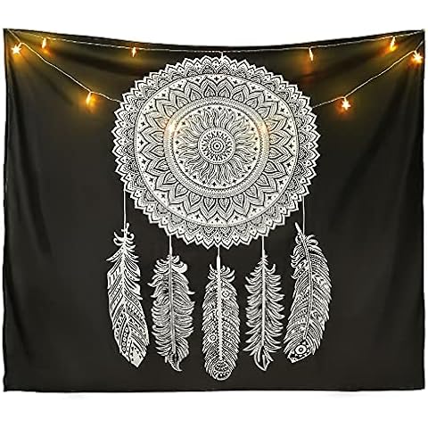 Bohemian Mandala Tapestry Hippie Tapestries Aesthetic Psychedelic Peacock Boho for Bedroom, Living room, Study, Home Decor, Wall Hanging Tapestry with LED Strip, 60x50'' (White) Cover