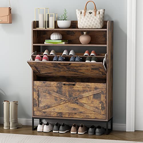 Gyfimoie Shoe Storage Cabinet With 2 Flip Drawers, Freestanding Tipping Bucket Shoe Organizer Cabinet Narrow Hidden Shoe Rack Cabinet With Storage Cubby For Entryway Slim #TOP8