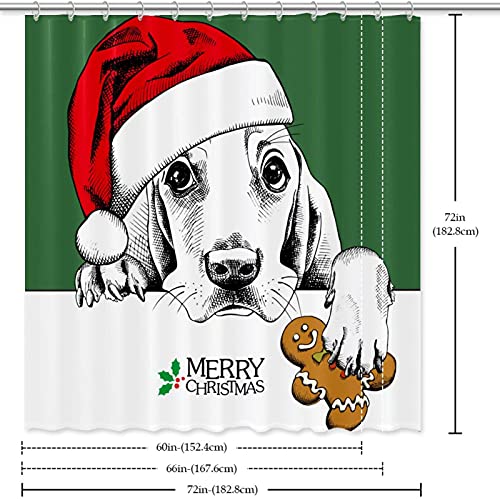 Rideau de douche rigolo chien de Noël 182 cm avec chapeau rouge et crochets inclus