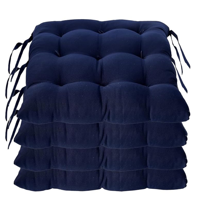 Image of Rajasthan Crafts Pack of 4 Chair Pad | Chair Cushion Pad | Microfiber Square Chair Pads with Ties | Seat Cushion for Chair Office, Sitting, Pooja, Dining & Office Tables (16x16 Inch, Navy Blue)