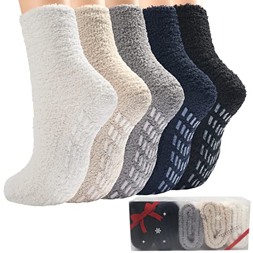 Toes Home Lot de 5/6 Paires de Chaussettes Moelleuses Antidérapantes Chaudes Avec Poignées d'Hiver Épaisses Pour Femmes et Filles - Douces et Confortables