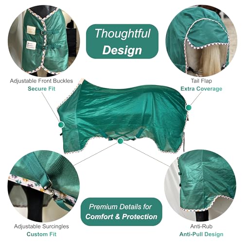Image of BARN & STABLE Breathable and UV Protective Tear-Resistant Mesh Horse Fly Sheet Comfy Equine Summer Sheet with Removable Web Leg Straps (Evergreen, 75 in)