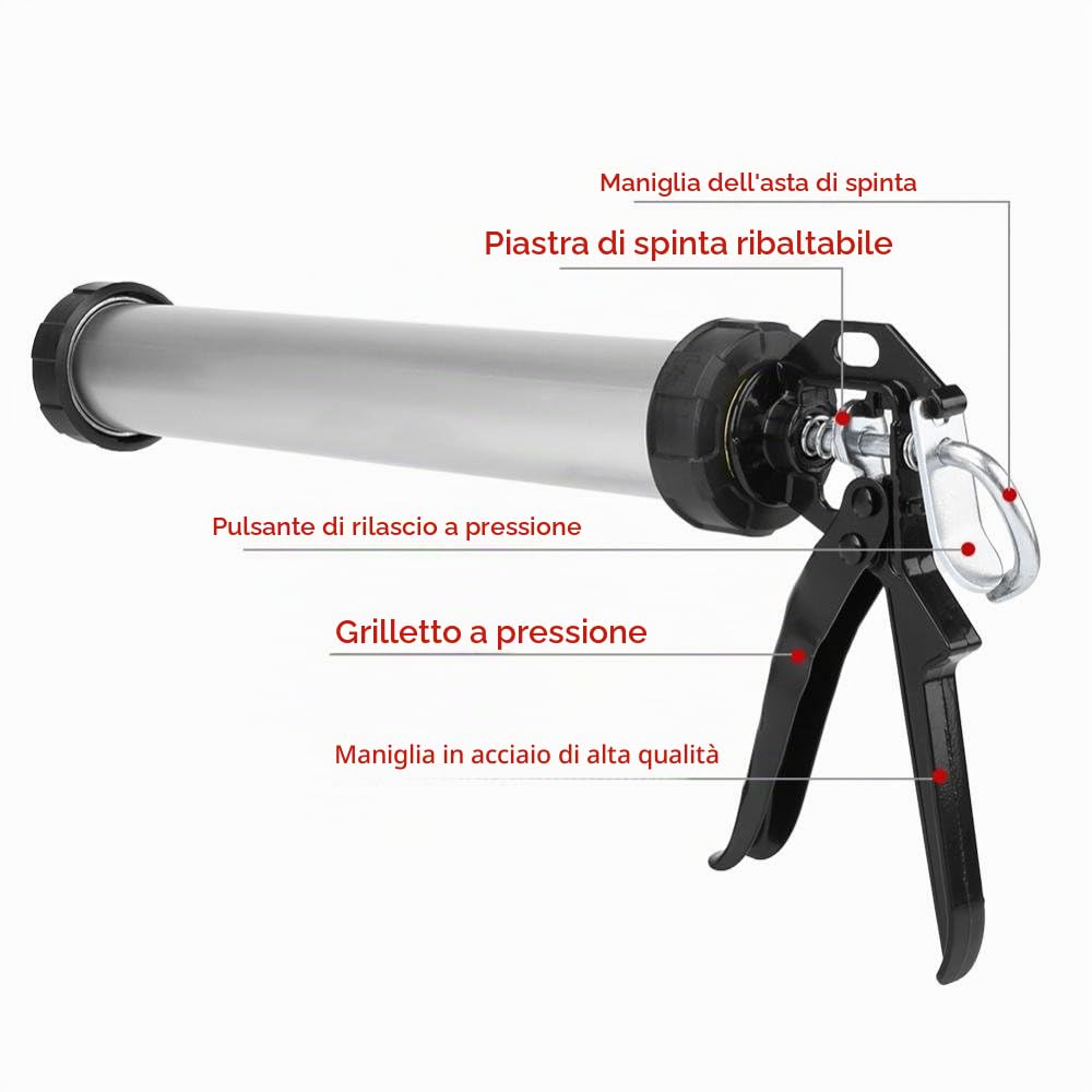 Pistola per silicone,Pistola per sigillanti con 10 ugello,Pistola applicatrice universale chiusa,600 ml