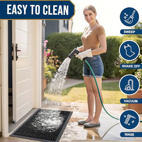 Image of Smiry Front Door Mat Outside Entrance, Heavy Duty Sturdy Natural Rubber Doormat, Trap Dirt and Moisture, Easy Clean Low Profile Welcome Floor Mats for Indoor Outdoor Entry, 59x23 Inch, Black