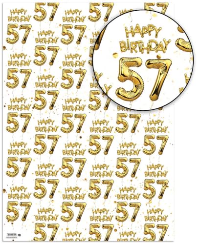 Brainbox Candy 57th Birthday Wrapping Paper - 2 Sheets of Premium White & Gold Foil Effect Gift Wrap - Unisex Design