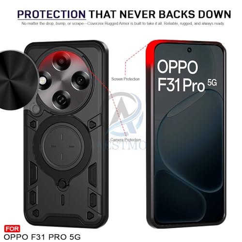 Image of AESTMO Armor Oppo F31 Pro 5G Bumper Back Case Cover | Ring Holder & CD Pattern Sliding Camera Shutter Cover | Back Case Cover for Oppo F31 Pro 5G (Black)