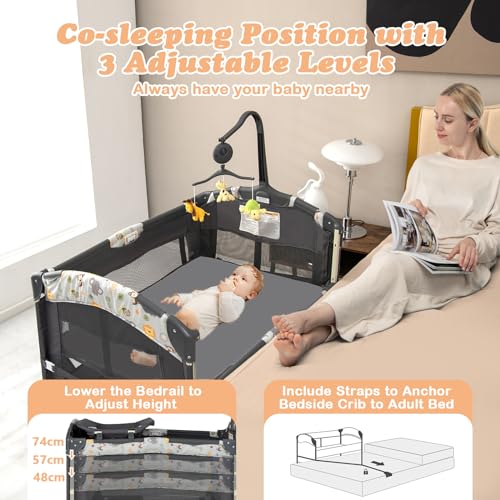COSTWAY 4 in 1 Portable Travel Cot, Foldable Baby Bedside Bassinet with Changing Table, Mattress, Music Box, Wheels & Brakes, Carry Bag - Image 5
