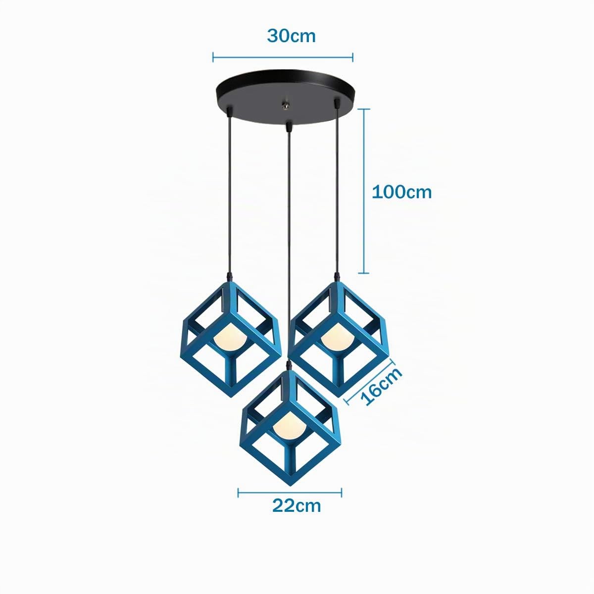 iDEGU 3 Luci Lampadario a sospensione moderno a Forma di Cubo Stile Geometrico E27 Lampada da Soffitto Vintage in Metallo per camera, soggiorno, sala da pranzo - 16cm (Blu, 30CM Base)