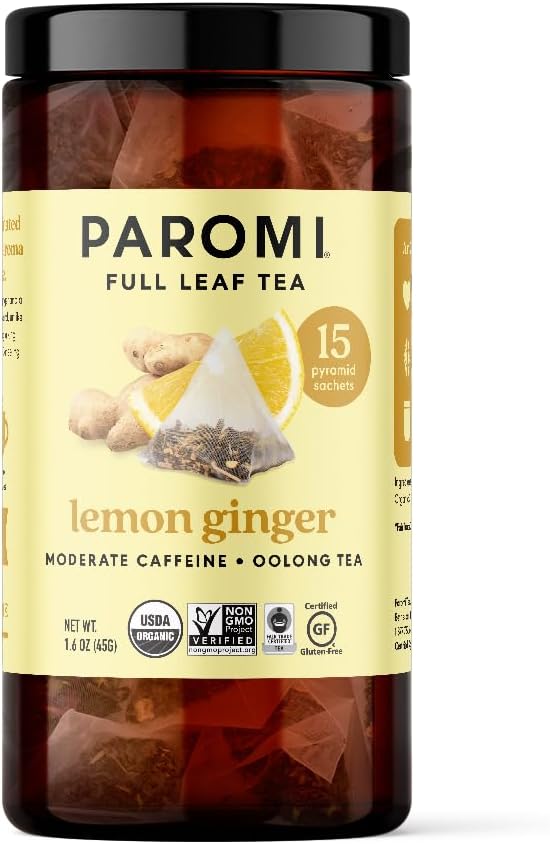 Paromi Lemon Ginger Organic Oolong Tea, Signature Jar, 15 Count