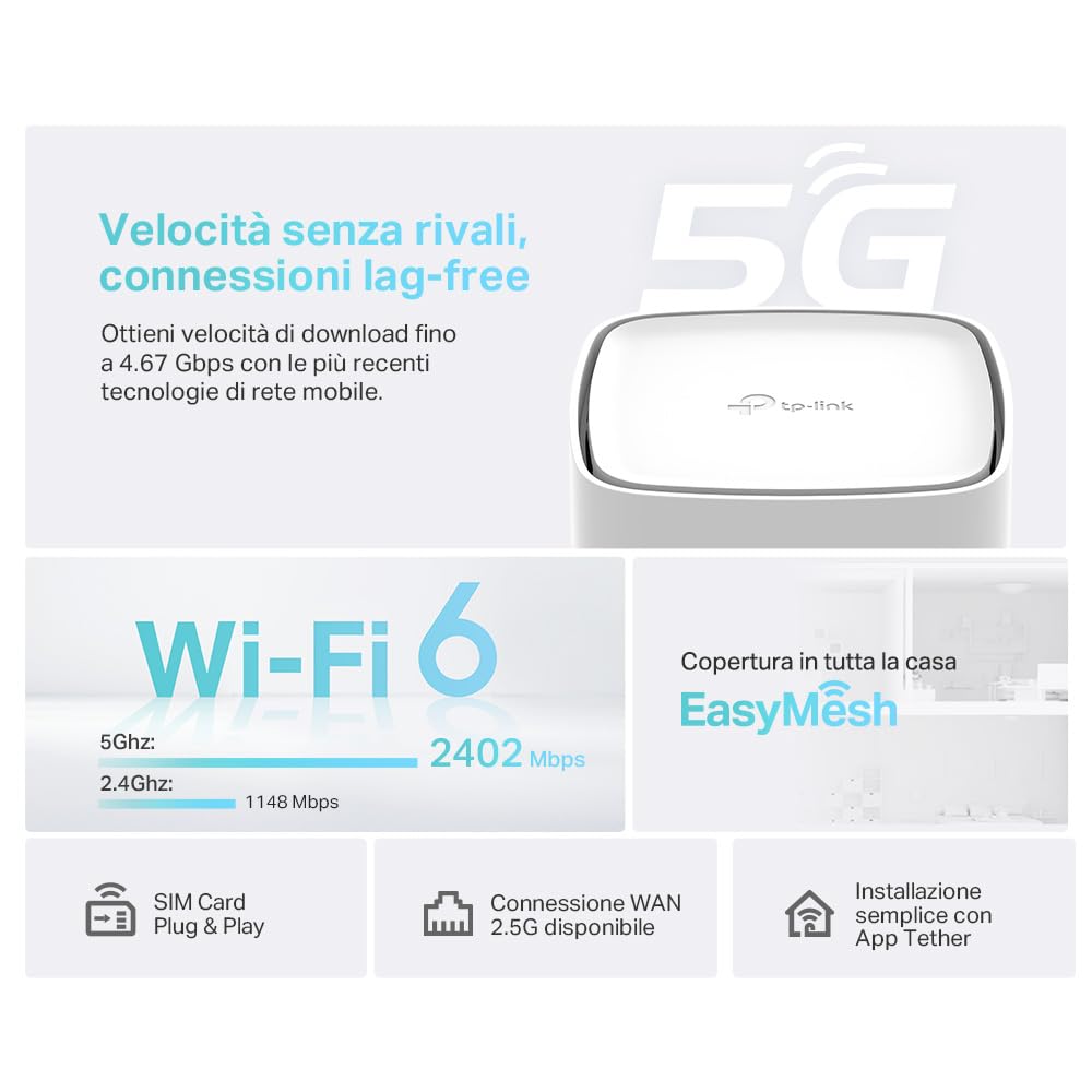 TP-Link Archer NX600 Router 5G Wi-Fi 6 AX3600Mbps Dual Band, Porta WAN/LAN 2.5G+2×Porte Gigabit LAN, Plug & Play, 4K-QAM, 8×5G/LTE, 2×Wi-Fi Antenne Interne, EasyMesh, HomeShield