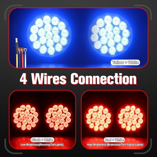 Image of 2PCS 4 Inch 19LED Red+Blue Round Led Trailer Tail Lights,Brake Stop Turn Signal Light w /Grommets,12V,IP67 Waterproof,3-Prong Wire Pigtails