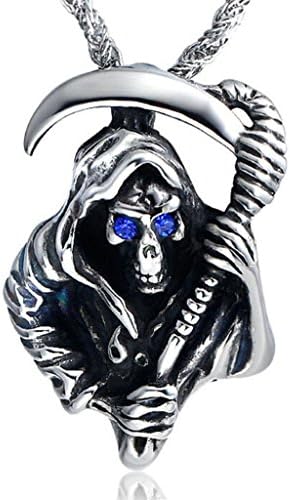 Scythe Death Grim Reaper Skull Punk Rock Stainless Steel Men Pendant Necklace, Carving A God of Death and Sickle Shape, Black Eyes