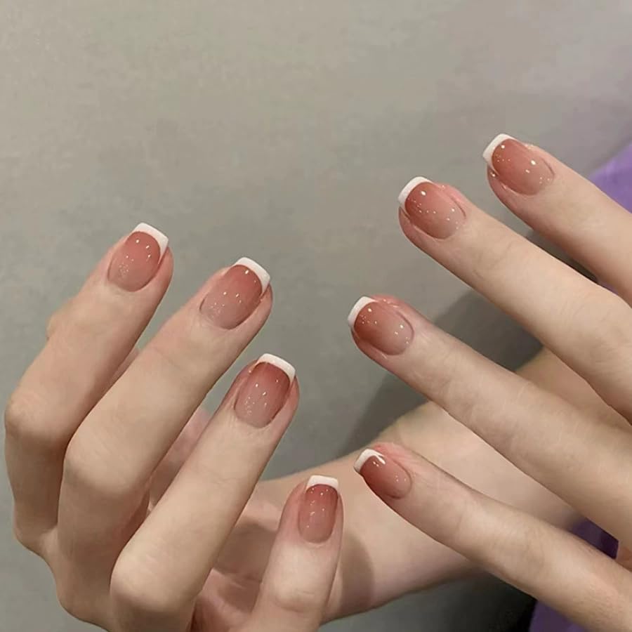 Nakhi 24 Reusable Artificial Fake Nail Set | Base Peach colour with Flat White Tip With Squoval Design Glossy Nails | Lightweight & Long Lasting | Quick Fix For Festivals & Special Occasions-image-42