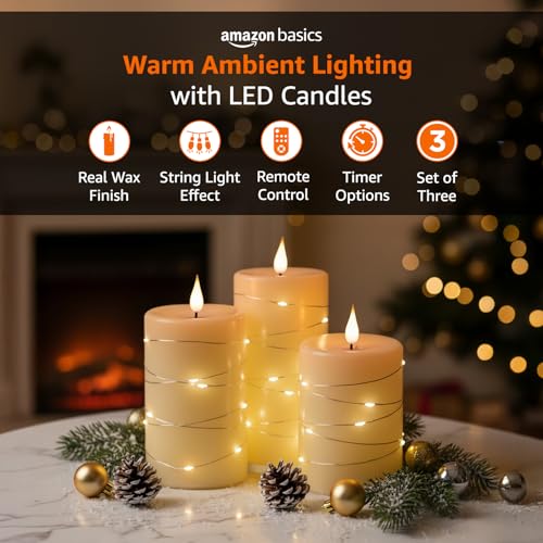 Image of amazon basics LED Flameless Candles with String Light Effect, Set of 3 (8X10 CM, 8X12.5 CM, 8X15 CM) Ivory Wax Body, Steady Warm Glow, Battery Operated with Remote & Timer, Safe Indoor Lighting