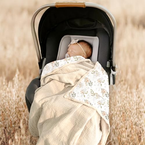 Image of lulumoon Muslin Baby Blanket for Girls - Soft Cotton for Newborn - 4 Layer Reversible Breathable Floral Receiving Blanket for Nursery Crib and Stroller 47 inchx47 inch (Ivory Flower)