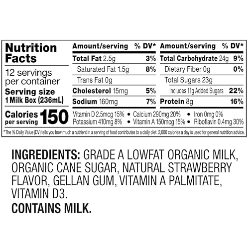 Horizon Organic Shelf Stable 1% Lowfat Strawberry Milk Boxes, 8 fl oz, 12 Count - 8g Protein per Serving, USDA Organic, Ready to Drink for Lunchbox, Travel, or On-the-Go, No Refrigeration Needed
