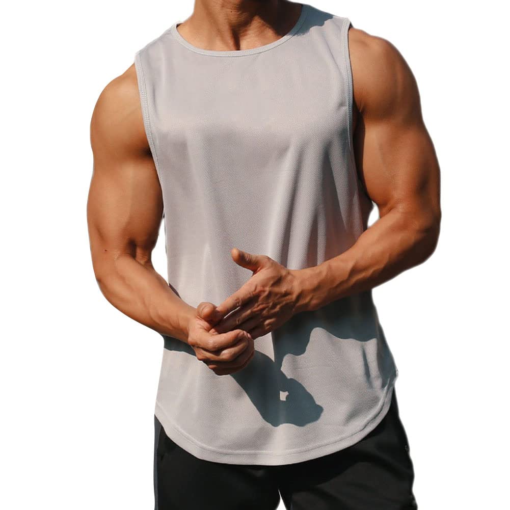 Men's Vest Running Sleeveless T-Shirt Gym Tank Top Quick-Dry Sports Vest for Training Basketball Fitness,Light Grey,M
