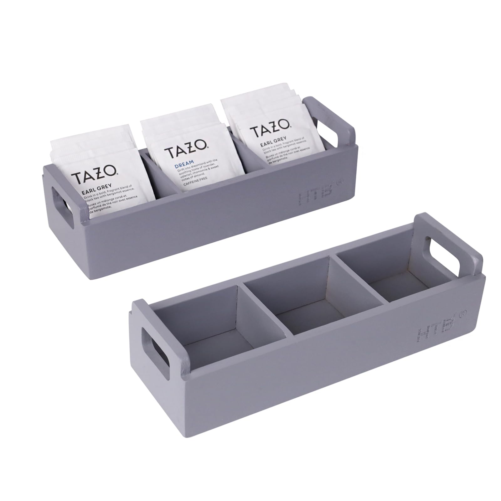 Slim Tea Bag Organizer 2pcs by HTB, Grey 3 Compartments Tea Box Wooden with Handle for Small Space, Wood Tea Organizer for Tea Bags