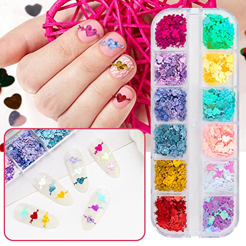 Noverlife 48 Grids Valentine's Day Nail Art Heart Glitters, 3D Holographic Love Heart Nail Sequins, Bling Laser Kiss Lips Nail Confetti Flakes Decals For Valentine Party Romantic Nail Decorations #TOP1