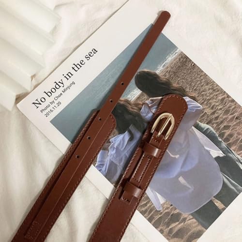 Skinny Waist Straps PU Luxury Metal Buckle Waist Belt Retro Coffee Dress Coat Decorative Waistband (Coffee)3