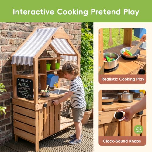 Image of OOOK Kids Mud Kitchen, Fir Wood Outdoor Play Kitchen with Water Sink | Toddler Outdoor Playset for Ages 3+, Canopy, Gardening Tools, Chalkboard, Flower Pot, Cookingware