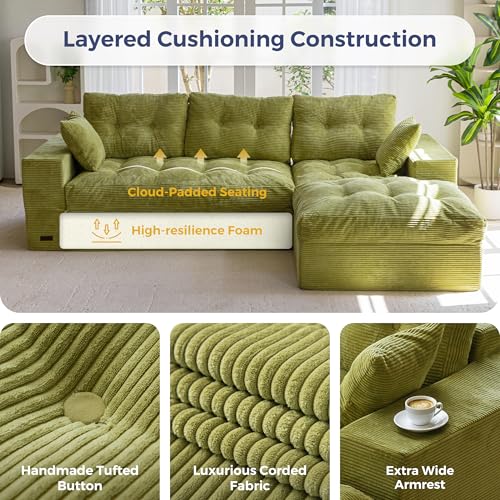 Image of MAXYOYO 104 inch L Shaped Modular Sectional Sofa with Ottoman, Cloud Boneless Couch with Layered Cushion, Upholstered Sofa Flexible Module Combination for Living Room, No Assembly, Green
