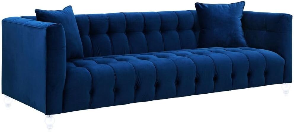 TOV Furniture The Bea Collection Modern Style Velvet Upholstered Living Room Sofa with Lucite Legs, Navy