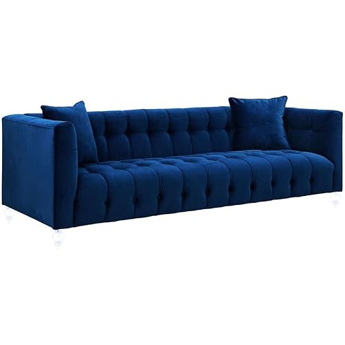 TOV Furniture The Bea Collection Modern Style Velvet Upholstered Living Room Sofa with Lucite Legs, Navy