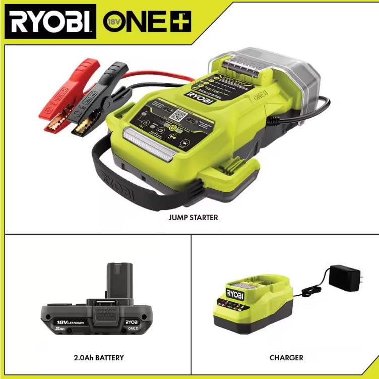 RYOBI ONE+ 18V Cordless 1600A Jump Starter with LED Work Light Kit with 2.0 Ah Battery and Charger