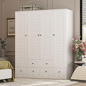 Hitow Wardrobe Cabinet with 4 Louvered Doors, Wardrobe Armoire for Hanging Clothes with 5 Drawers, Bedroom Armoire Dresser Wardrobe Clothes Organizer, White Type C (59.1″ W x 19.1″ D x 70.5″ H)