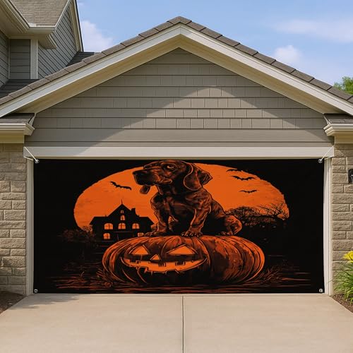 Cubierta de puerta de garaje para perros de Halloween, decoraciones espeluznantes de calabaza negra y naranja, decoración de otoño para interiores y exteriores, decoración de fiesta de otoño de 157 x