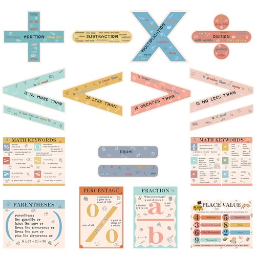 Image of Geyoga 15 Pcs Educational Math Posters Set for Elementary Classroom Symbol Keywords Vocabulary Addition Subtraction Multiplication Division Poster for Middle School Homeschool Supplies(Bohemian)