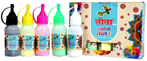 Image of TOTA Rangoli Colour Powder Bottles for Floor.Set of 5 (80 Gm Each) in Special Squeeze Bottles. Kolam Powder for Art and Craft, Home Decor in Plastic Bottle-400 Gm.