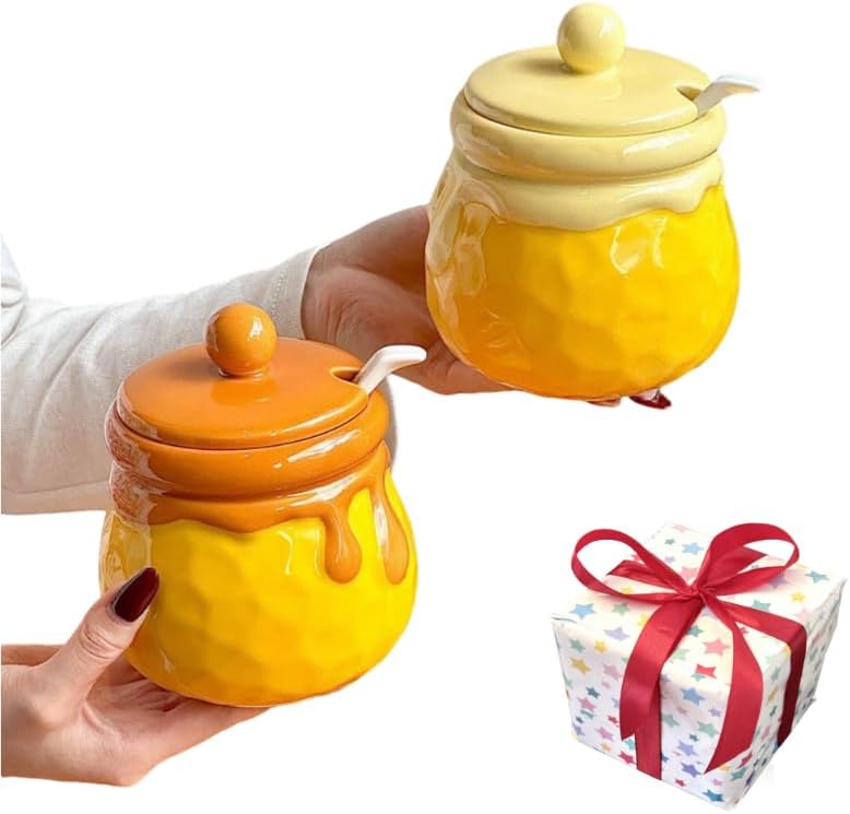 Handmade Cute Ceramic Honey Jar Scratch Resistant High Temperature Resistant with Spoon Sugar Seasoning Cream Butter Jar Two-piece Set