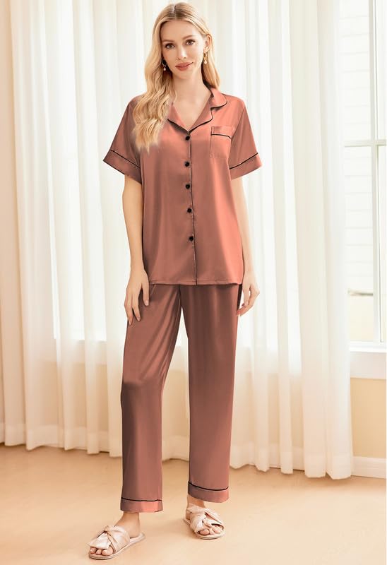 Image of Ekouaer Silk Pajamas for Women Set Satin Soft Short Sleeve Button Down Pjs