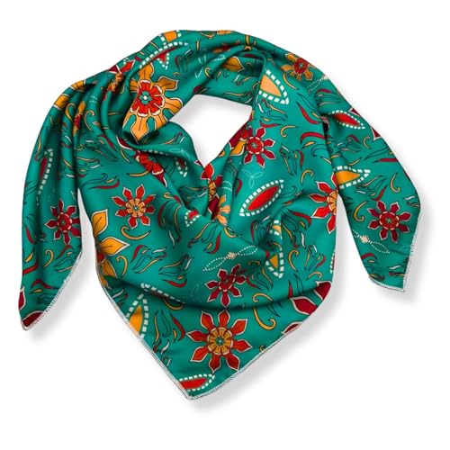 Wild Rag Silk Scarf 36'', Western Cowboy Bandana Square Silky Wild Rags,Teal Floral Tibal Scarves for Men & Women
