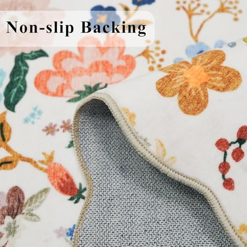 Washable Hallway 2'6x12 Runner Rug: Floral Scalloped Rug for Kitchen Entryway Farmhouse Soft Carpet for Bathroom Bedroom Thin Laudry Living Room Floor Mat with Non Slip Backing(2'6''x12',Cream)